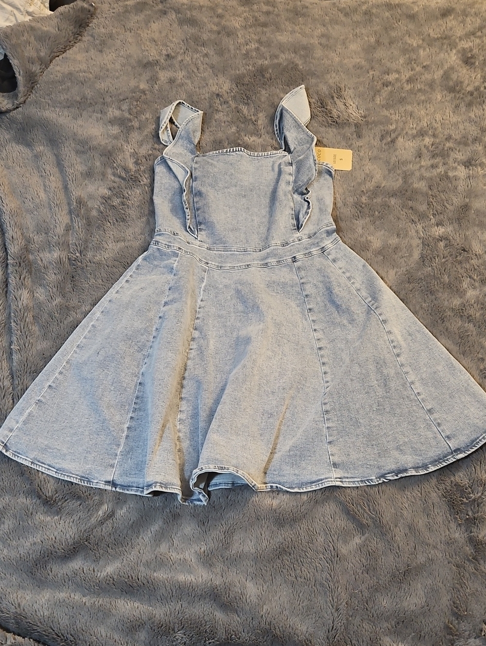 Denim-Style Light Blue Womens Ruffle Strap Dress